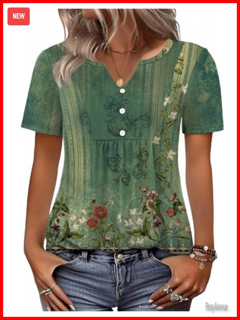 Women's Short Sleeve V-Neck Henley Tunic Top, Pleated Floral Blouse, Summer